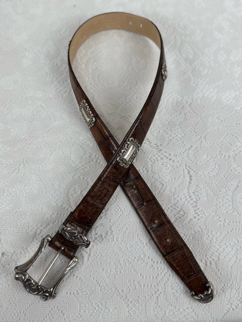 Vintage Fossil Croc Embossed Leather Belt Western Buckle Brown M
